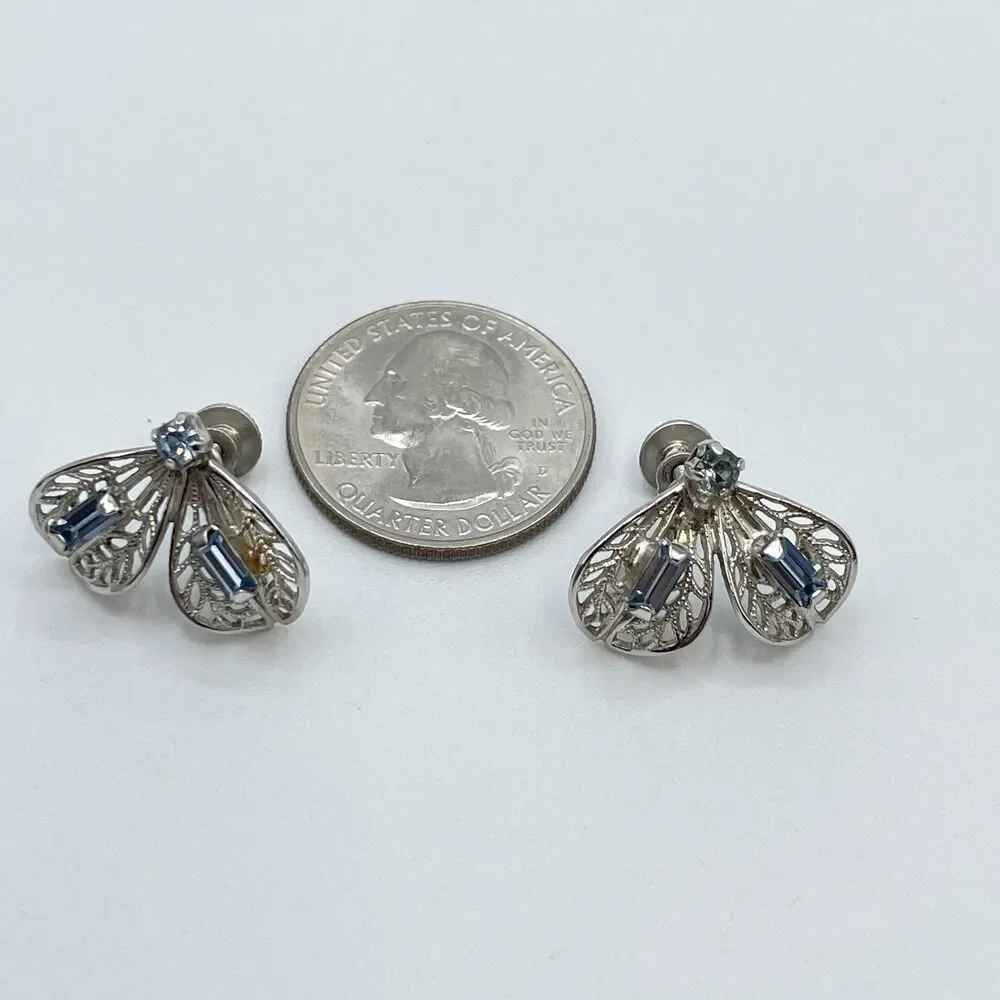 Silver Tone Screw Back Earrings Blue Rhinestone Filigree Butterfly Shape Boho
